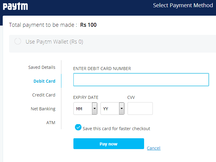 Paytm Payment Method Selection